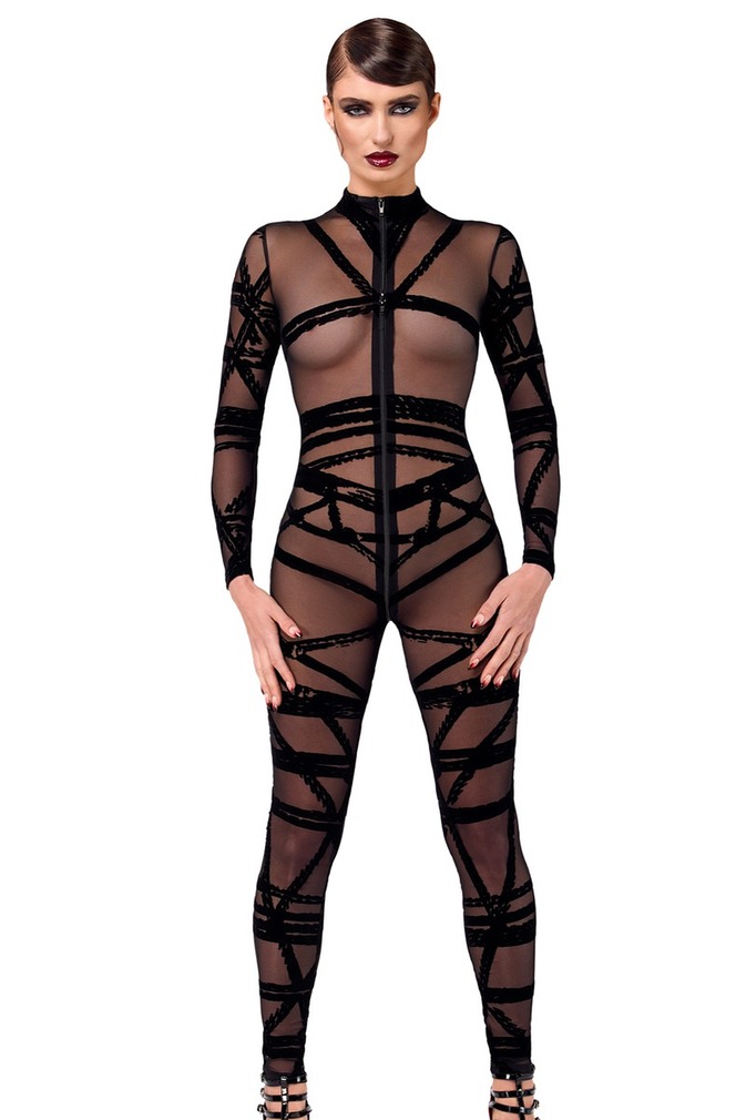 Fekete áttetsző overál Bondesque Catsuit