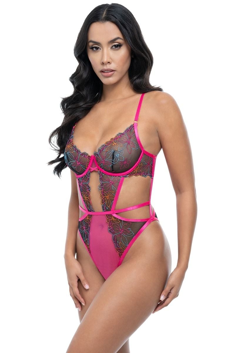 Fukszia crotchless body csipkével Saracita