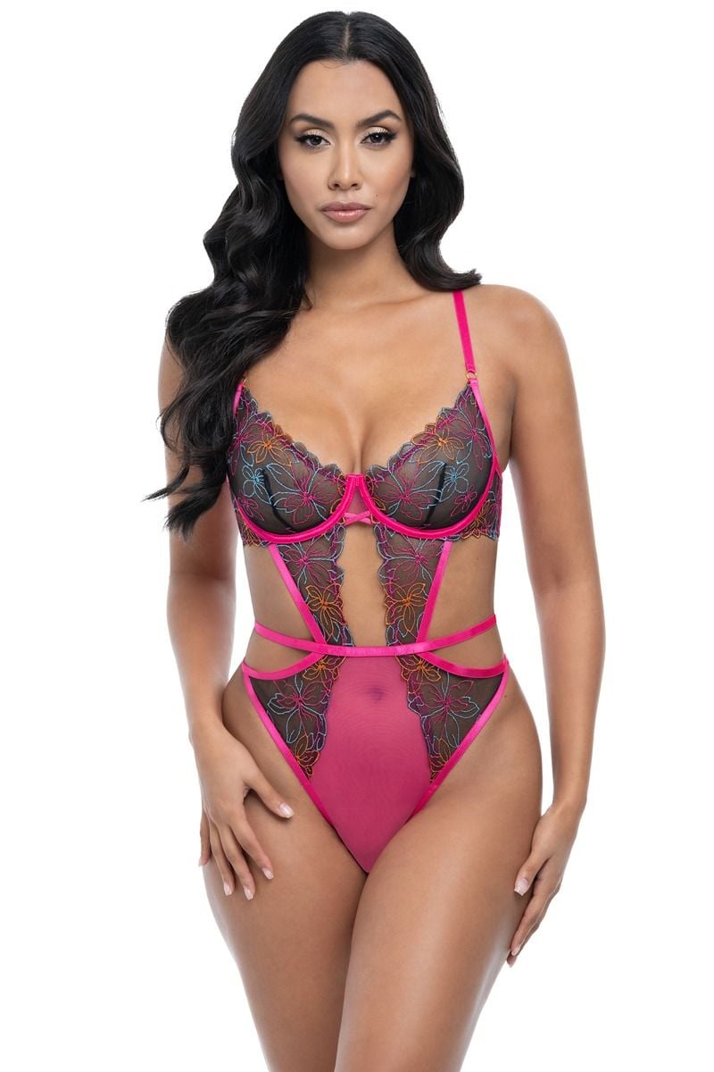 Fukszia crotchless body csipkével Saracita