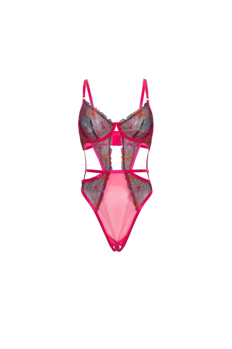 Fukszia crotchless body csipkével Saracita