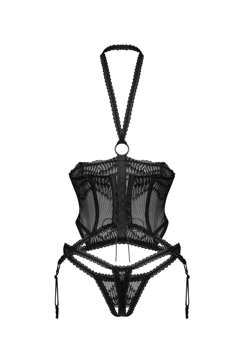 Fekete open-bra fűző crotchless alsóval Alliane