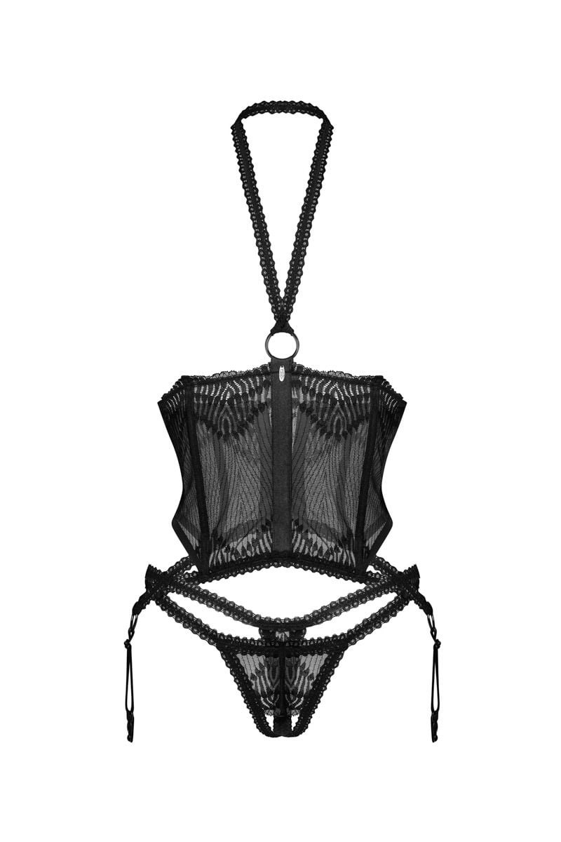 Fekete open-bra fűző crotchless alsóval Alliane