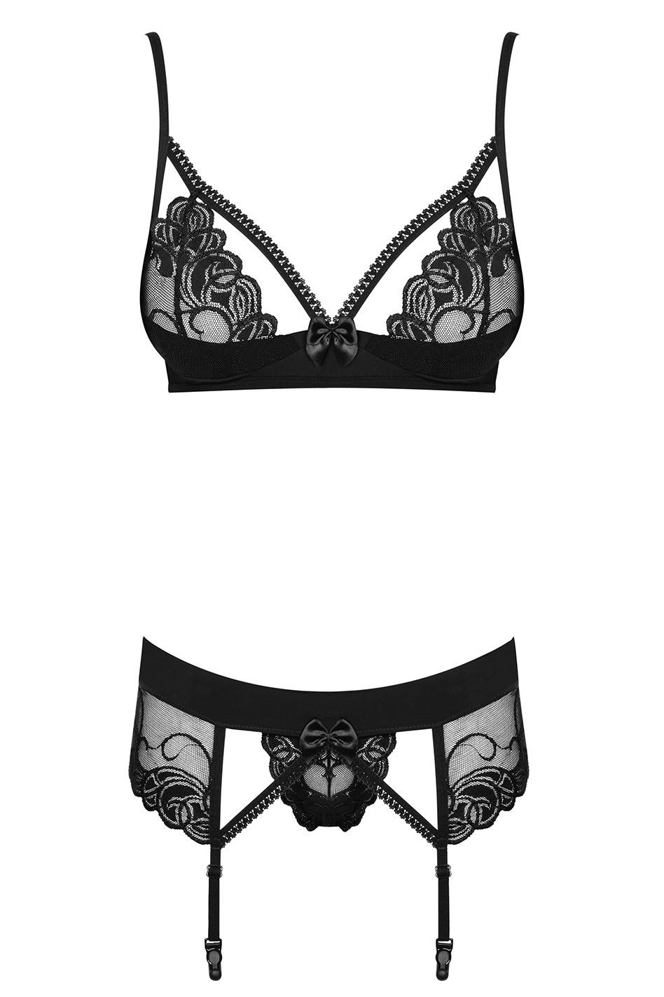 Fekete szett melltartó + harisnyatartó + tanga Wonderia