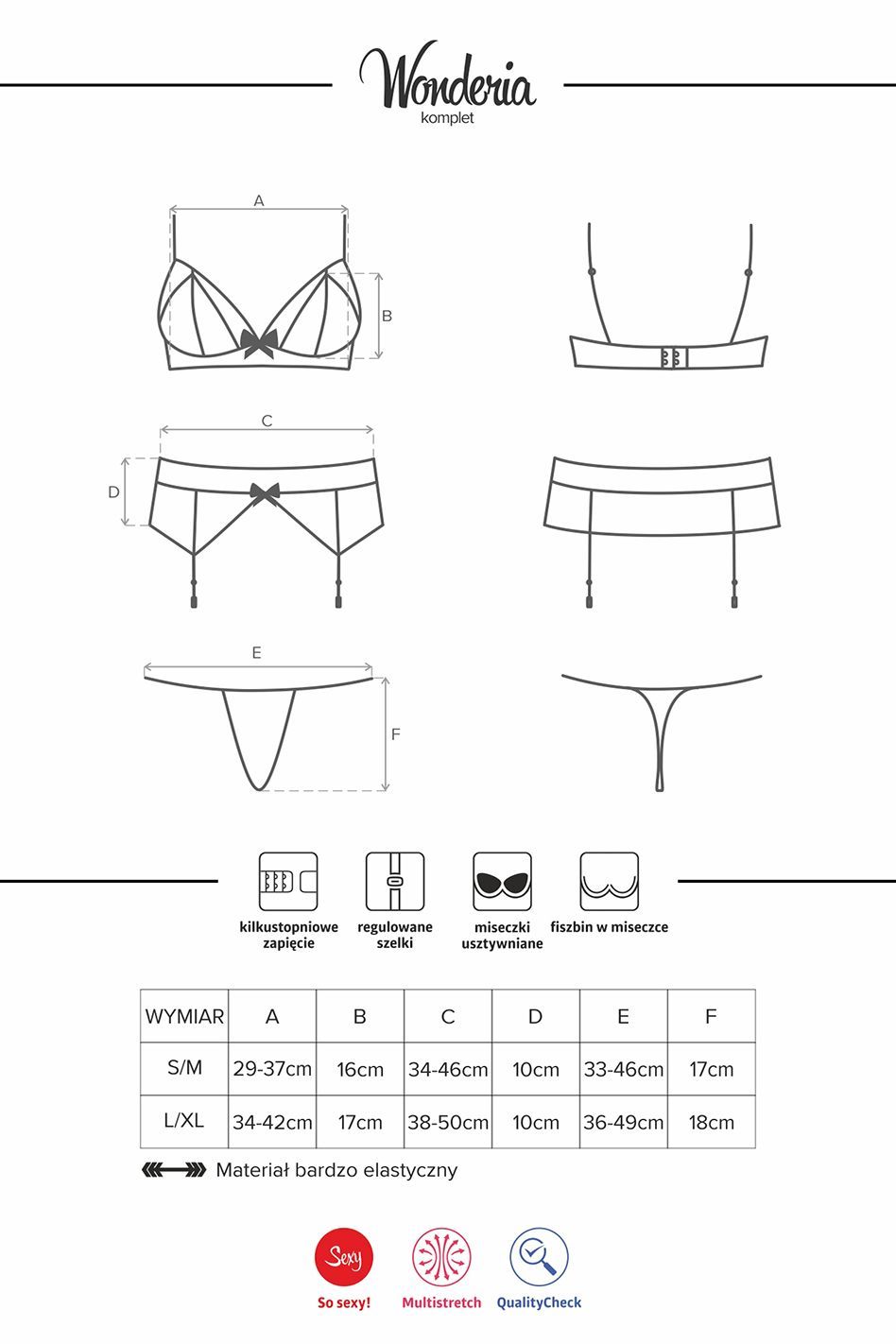 Fekete szett melltartó + harisnyatartó + tanga Wonderia